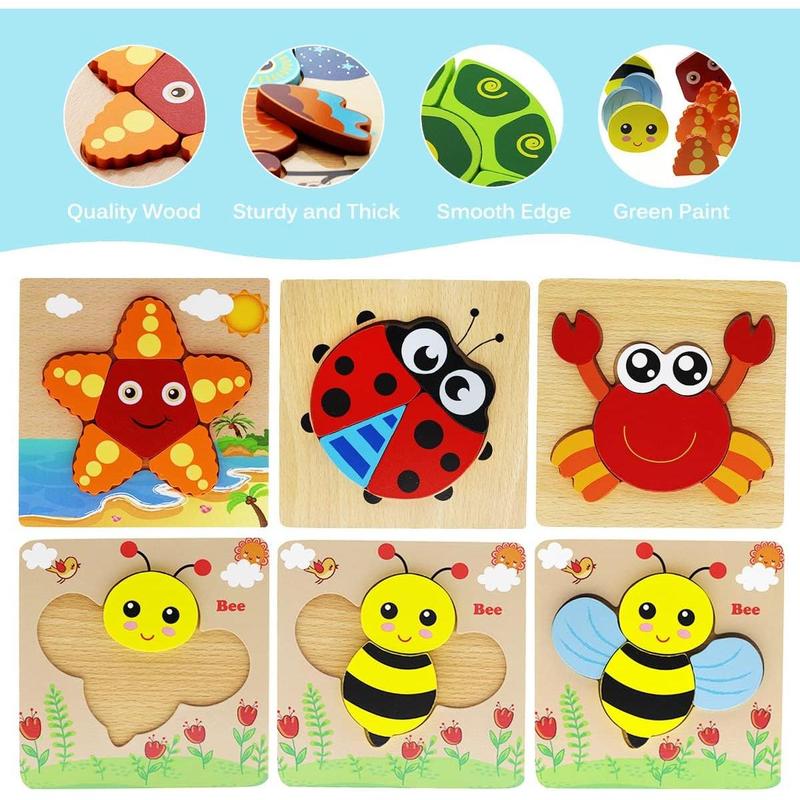 Montessori Toys for 1 2 3 Year Old Boys Girls Wooden Toddler Puzzles Kids Infant Baby Educational Learning Toys for Toddlers 1-3 Gifts 6 Animal Shape Jigsaw Eco Friendly Travel STEM Building Toy Games