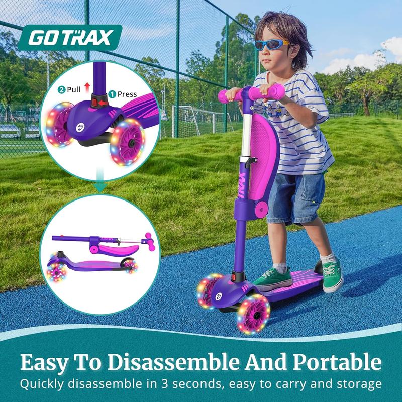 Gotrax KS3 Kids Kick Scooter, LED Lighted Wheels, Adjustable Height Handlebars and Removable Seat, Lean-to-Steer & Widen Anti-Slip Deck, 3 Wheel Scooter for Kids Ages 2-8 and up to 100 Lbs