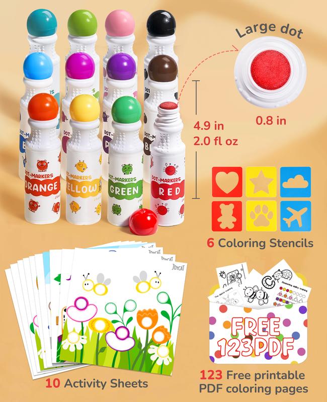 JoyCat Washable Dot Markers with 10 Coloring Activity Paper, Bingo Daubers Markers, Arts and Crafts Supplies