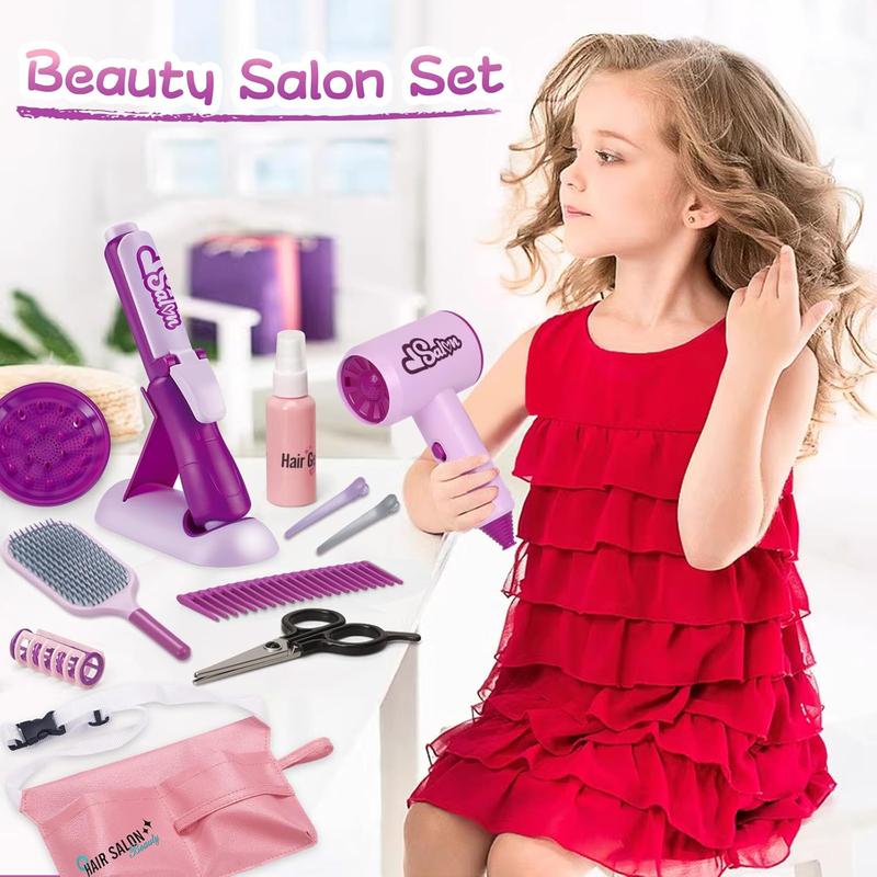 Christmas Hair Salon Toys for Girls, Pretend Play Kids Makeup Kit with Realistic Accessories, Blow Dryer, Curling Iron, Tool Bag and Styling Accessories