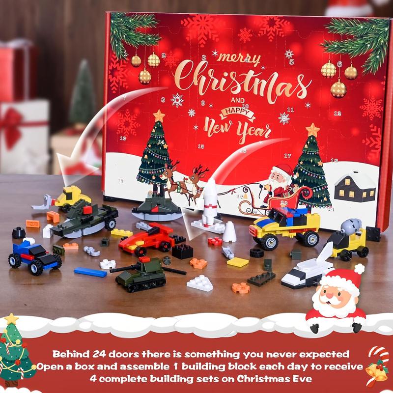 Christmas gift Advent Calendar 2024 – 24 Days Countdown with 6-in-1 Building Blocks for Trucks, Space, Military, Racing Cars & More – Holiday Gifts