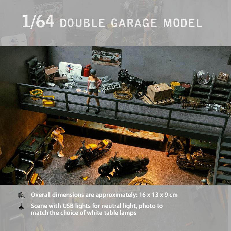 Diorama 1 64 Car Garage Model LED Lighting Double Decker Car Repair Workshop Model Parking Lot Backdrop Display Scene Model Collection Toy Gift