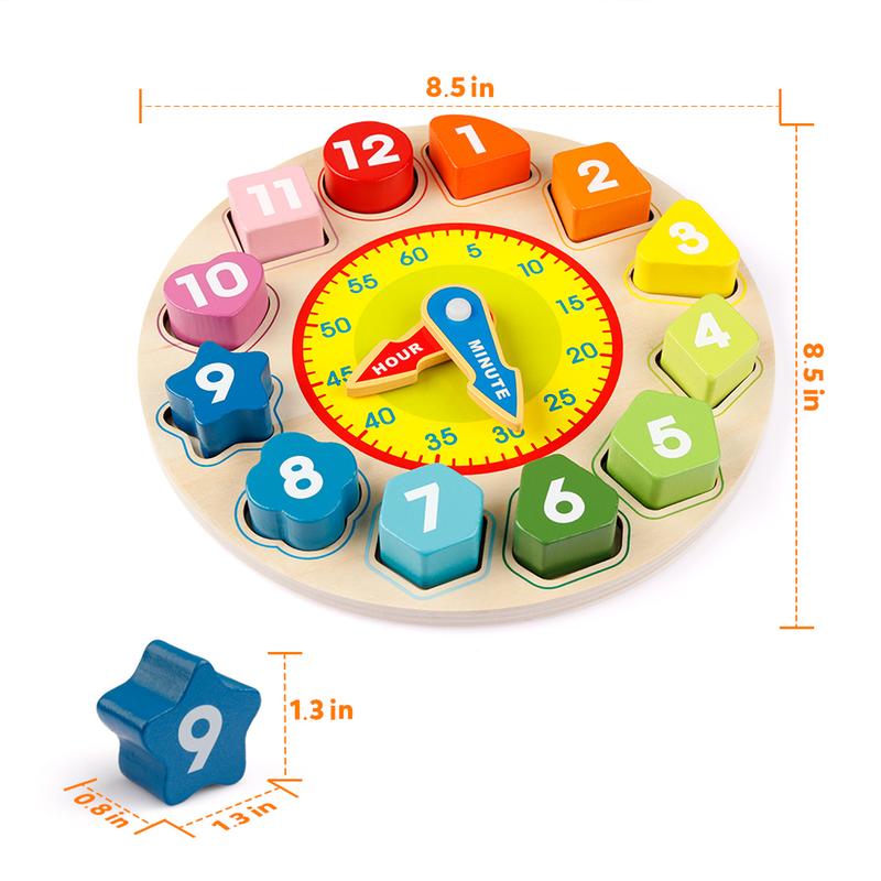 Coogam Wooden Shape Color Sorting Clock, Time Number Jigsaw Educational Toy for Preschool Kids