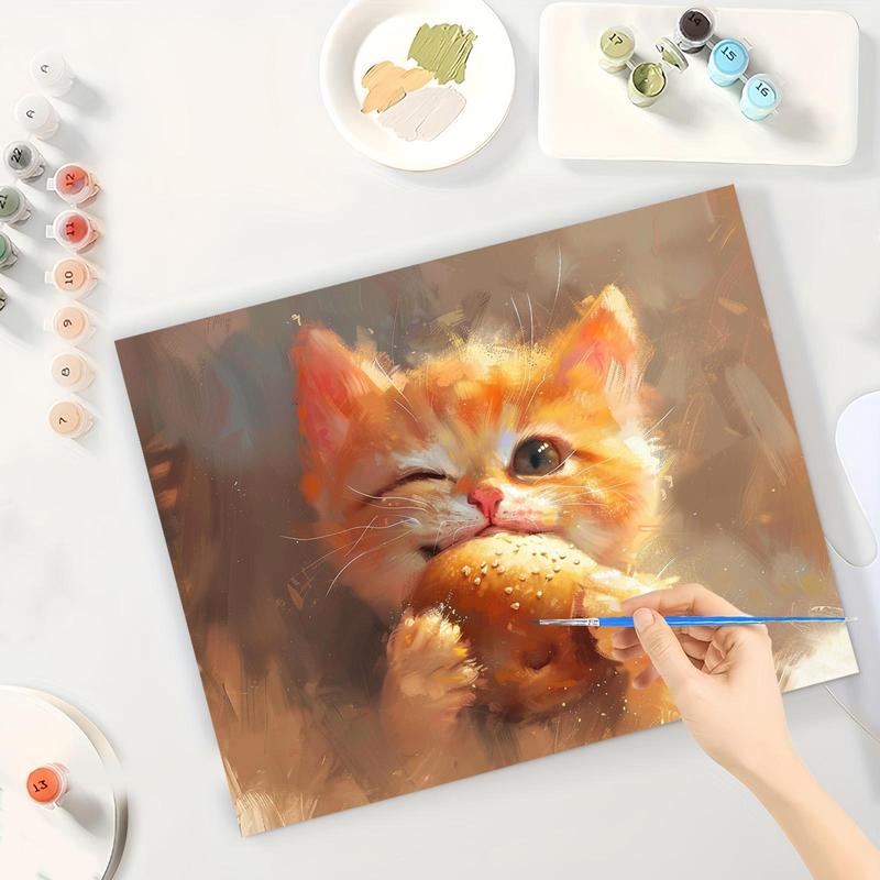 Cat Eating Bread Pattern DIY Painting By Numbers Kit, 1 Set DIY Paint By Numbers Kit, Wall Art Decoration for Home Living Room Bedroom