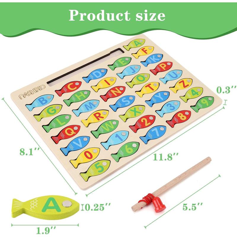 Magnetic Wooden Fishing Game Toy for Toddlers, Alphabet Fish Catching Counting Games Puzzle with Numbers and Letters, Preschool Learning ABC Math Educational Toys 3 4 5 Years Old Girl Boy Kids