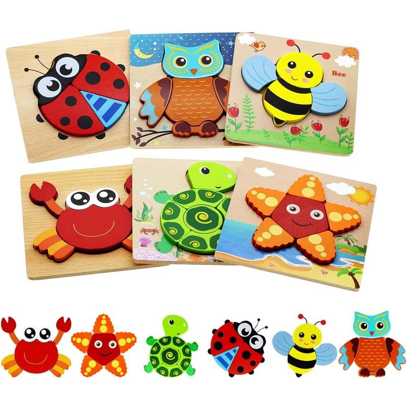 Montessori Toys for 1 2 3 Year Old Boys Girls Wooden Toddler Puzzles Kids Infant Baby Educational Learning Toys for Toddlers 1-3 Gifts 6 Animal Shape Jigsaw Eco Friendly Travel STEM Building Toy Games