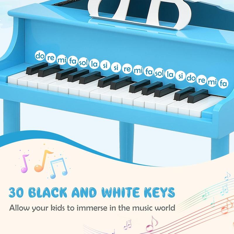 [ShopTab] Festival Joy 30-Key Classical Kids Piano, Mini Grand Piano Wooden Learn-to-Play Musical Instrument Toy with Bench, Piano Lid, Music Rack