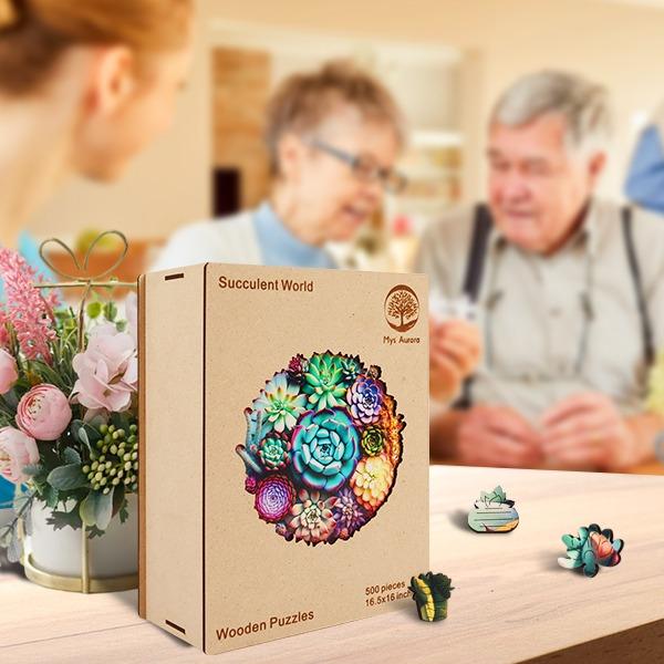 Mys Aurora Wooden Jigsaw Puzzle Succulent World 80 200 300 500 Pcs Unique Shape Wood Box Packing Creative Gift for Adults and Kids Fun Challenging Family Game for Parents Grandparents Brainstorm