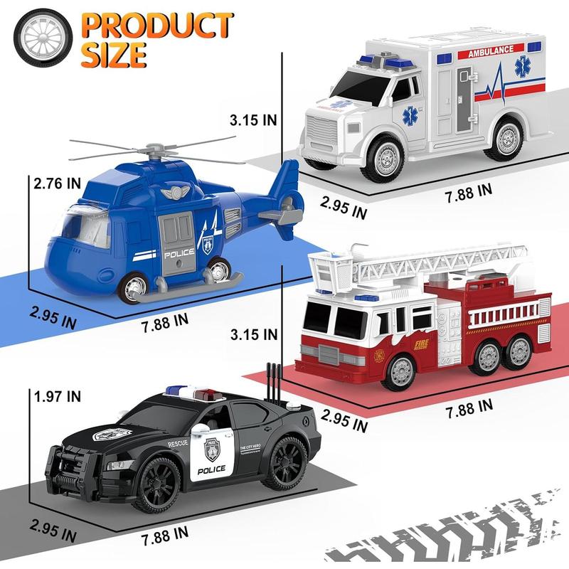 4 Packs Emergency Vehicle Toys with Lights and Siren Sound,Including Fire Truck, Ambulance Toy, Play Police Car and Toy Helicopter,Friction Powered Car Toys for Toddler Boys 3 4 5 6 Years Old