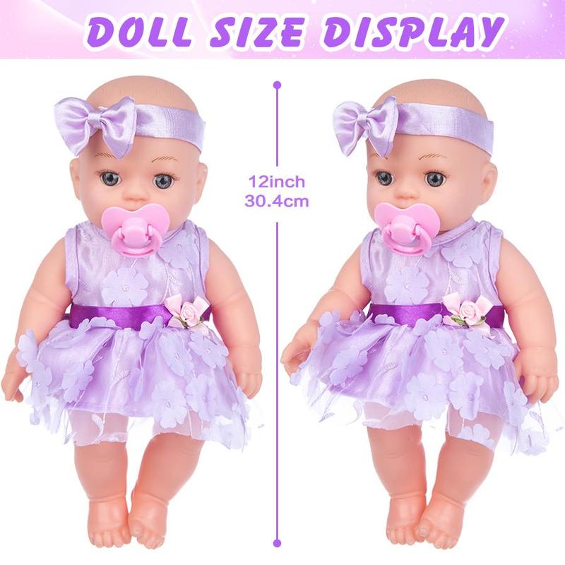 12 Inch Soft Doll with Pacifier & Clothes & Bowknot & Shoes, 1 Set Cute Doll for Girls, Birthday Gift for Kids