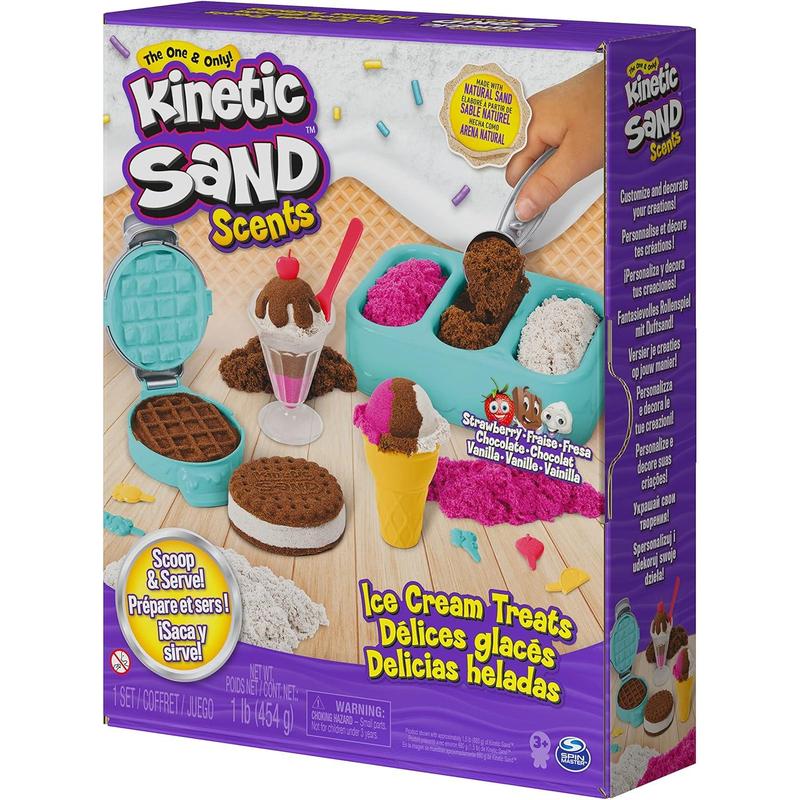 Kinetic Sand Scents, Ice Cream Treats Playset with 3 Colors of All-Natural Scented Play Sand and 6 Serving Tools, Sensory Toys for Kids Ages 3 and up