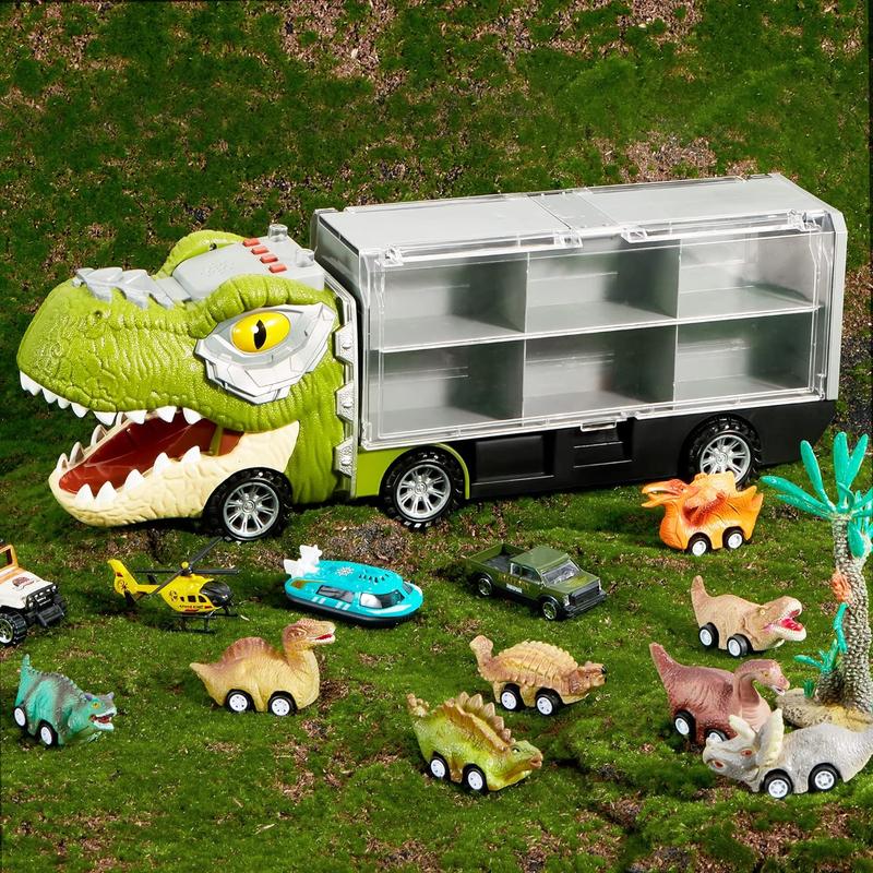 Christmas 2024 Gifts  13Pcs Dinosaur Transport Carrier Truck with Mini Dinosaur Car Set Helicopter