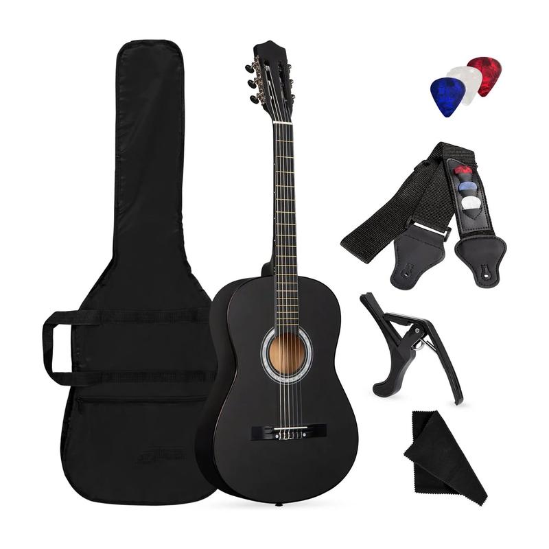 【LIMITED TIME DEAL38in Beginner All Wood Acoustic Guitar Starter Kit w Gig Bag, 6 Celluloid Picks, Nylon Strings, Capo, Cloth, Strap w Pick Holder - Matte Black - SUNSET INSTRUMENTS