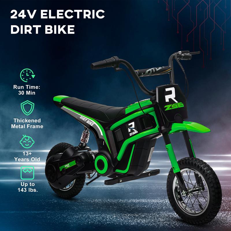 Aosom Electric Dirt Bike with Twist Grip Throttle, 24V 350W Off-Road Electric Motorcycle, Up to 15 MPH with Brake, Music Horn, Rear Suspension for Ages 13+ Years