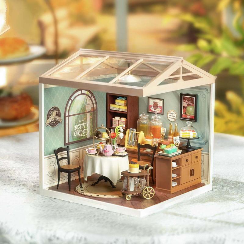 Rolife Sweet Sips Tea DIY Plastic Miniature House DW011 Miniature House Kit DIY Plastic House Building Toy Set with LED Tiny Store Making Kit Model Craft Hobby Unique Gift