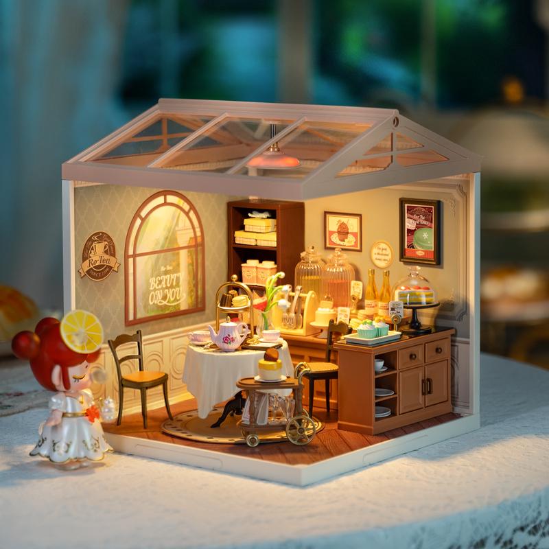 Rolife Sweet Sips Tea DIY Plastic Miniature House DW011 Miniature House Kit DIY Plastic House Building Toy Set with LED Tiny Store Making Kit Model Craft Hobby Unique Gift