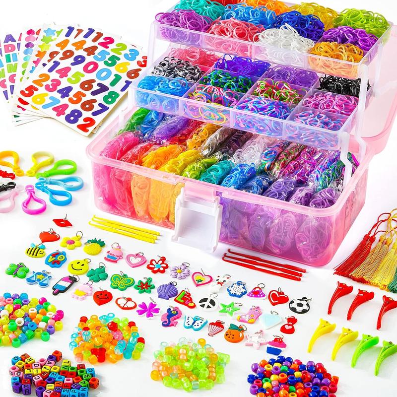 17500+ Rubber Loom Bands with 3 Layer Pink Blue Transparent Purple Container, 28 Colors, 600 S-Clips, 352 Beads, 40 Cartoon Pendant, Bracelet Making Refill Kit