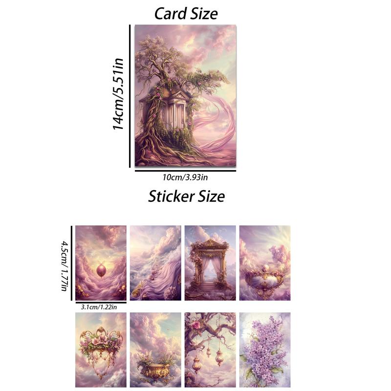 Fantasy Landscape Pattern Decorative Sticker & Greeting Card, 12pcs Retro Card & 32pcs Stickers, DIY Crafts Supplies for Scrapbooking, Journaling, Gift Wrapping