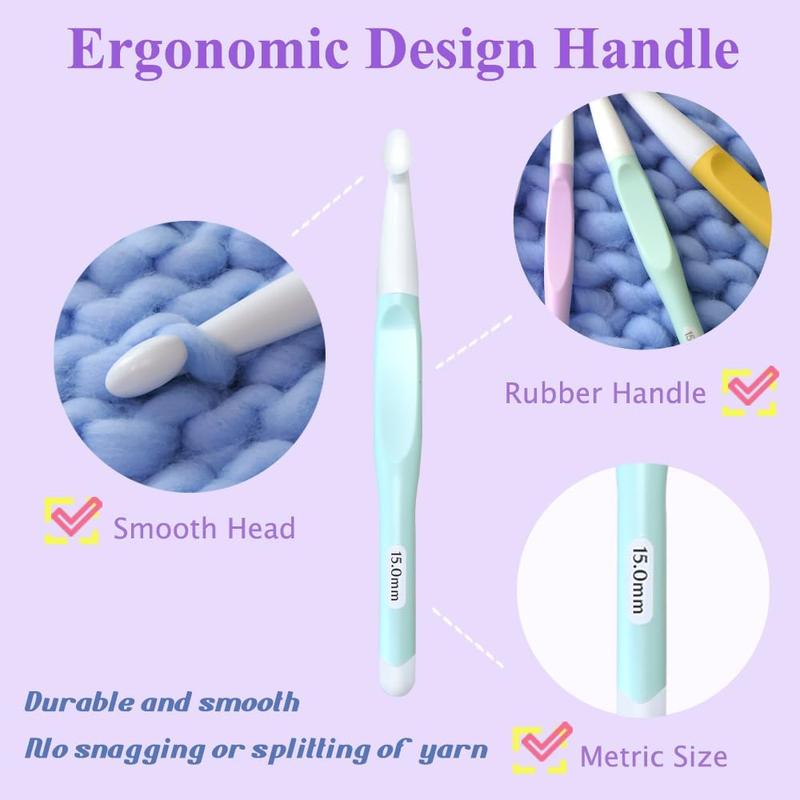 Large Ergonomic Crochet Hooks Set, Big Crochet Hooks for Chunky Yarn Size 8.0mm 10.0mm 12.0mm 15.0mm 20.0mm