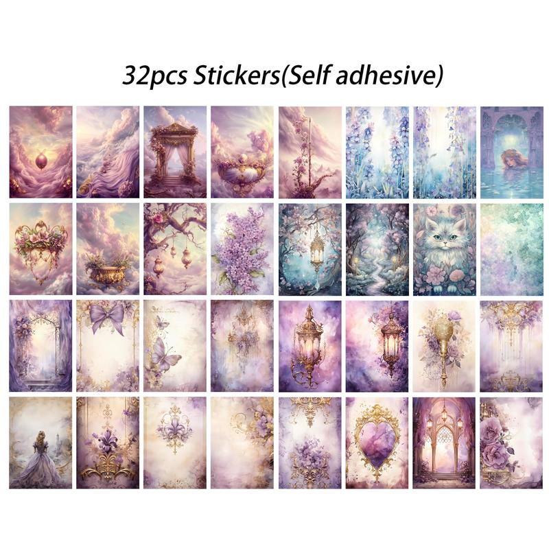 Fantasy Landscape Pattern Decorative Sticker & Greeting Card, 12pcs Retro Card & 32pcs Stickers, DIY Crafts Supplies for Scrapbooking, Journaling, Gift Wrapping