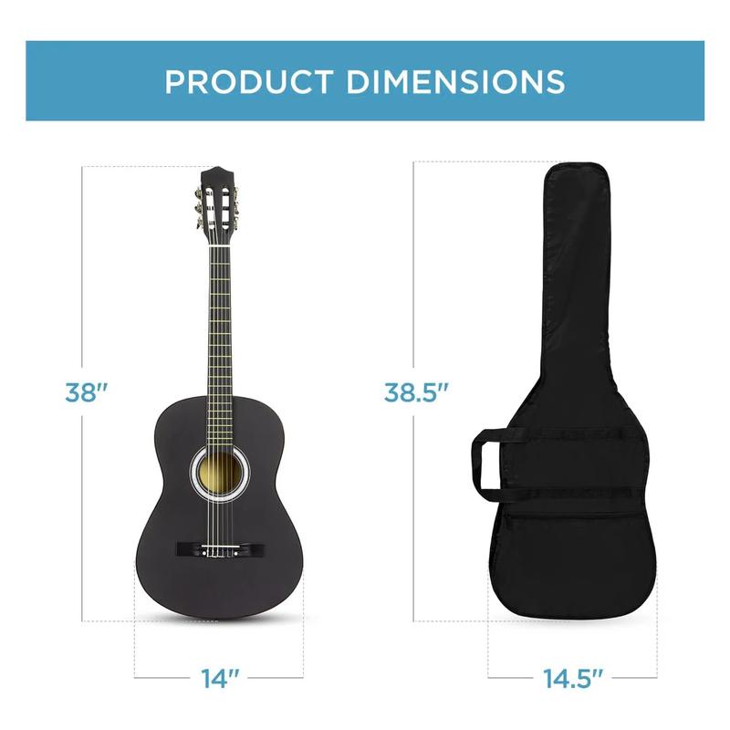 【LIMITED TIME DEAL38in Beginner All Wood Acoustic Guitar Starter Kit w Gig Bag, 6 Celluloid Picks, Nylon Strings, Capo, Cloth, Strap w Pick Holder - Matte Black - SUNSET INSTRUMENTS