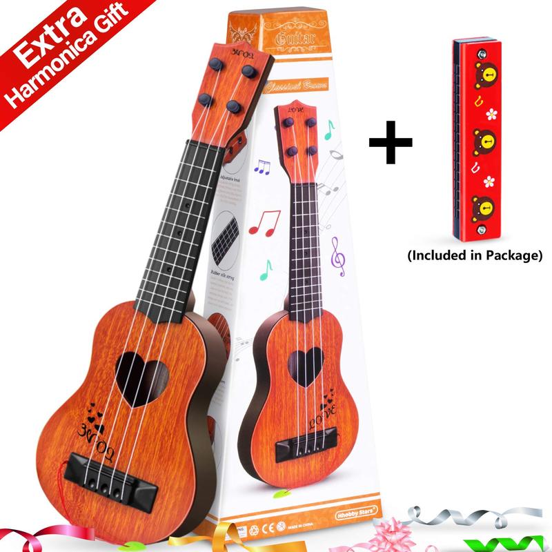 Kids Guitar Musical Toy Ukulele Classical Instrument(Brown),with Extra Harmonica 16 Holes