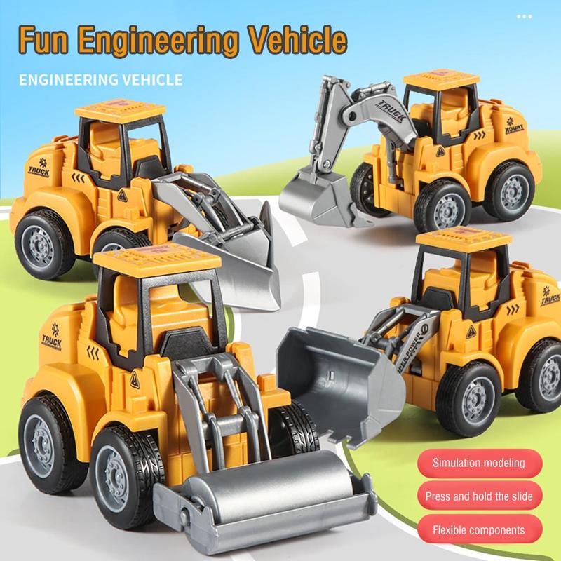 Construction Vehicle Toy, 4 Counts set Inertia Car Toy, Engineering Vehicle Excavator Bulldozer Road Roller Simulation Model Toy for Boys