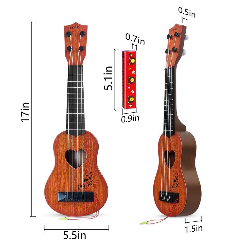 Kids Guitar Musical Toy Ukulele Classical Instrument(Brown),with Extra Harmonica 16 Holes