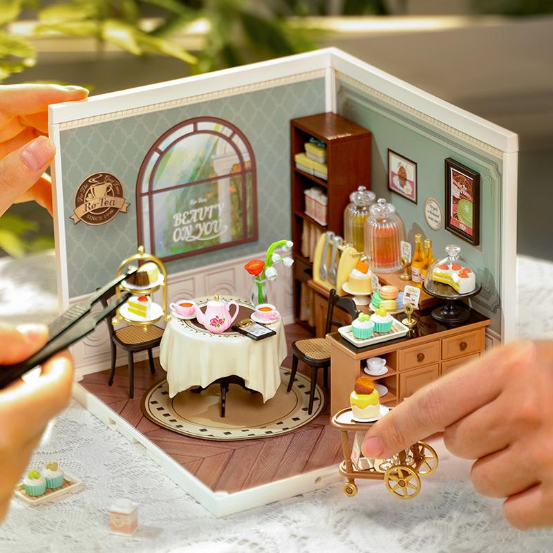 Rolife Sweet Sips Tea DIY Plastic Miniature House DW011 Miniature House Kit DIY Plastic House Building Toy Set with LED Tiny Store Making Kit Model Craft Hobby Unique Gift