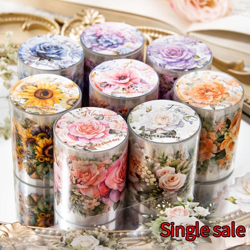 Random Color Flower Pattern Scrapbooking Sticker (1 Roll), Waterproof PET Decorative Collage Sticker, DIY Scrapbooking Adhesive Sticker Tape