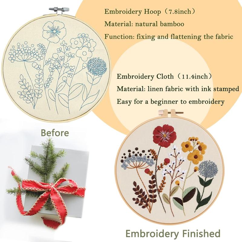 Picoey Flower Embroidery Kit for Beginners with Pattern and Instructions,4 Pack Cross Stitch Kits,2 Wooden Embroidery Hoops,Threads and Needles,Needlepoint Kit for Adults