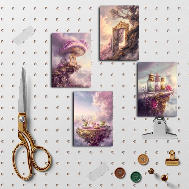 Fantasy Landscape Pattern Decorative Sticker & Greeting Card, 12pcs Retro Card & 32pcs Stickers, DIY Crafts Supplies for Scrapbooking, Journaling, Gift Wrapping