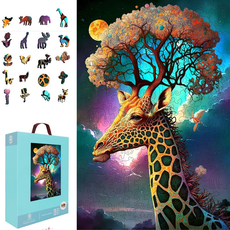 Mys Aurora Wooden Jigsaw Puzzle for Kids and Adults Thinking Giraffe 200 300 Pcs Unique Shape Nice Box Packing Fun Challenging Brain Exercise Family Game Creative Gift for Friends Parents Grandparents Multicoloured