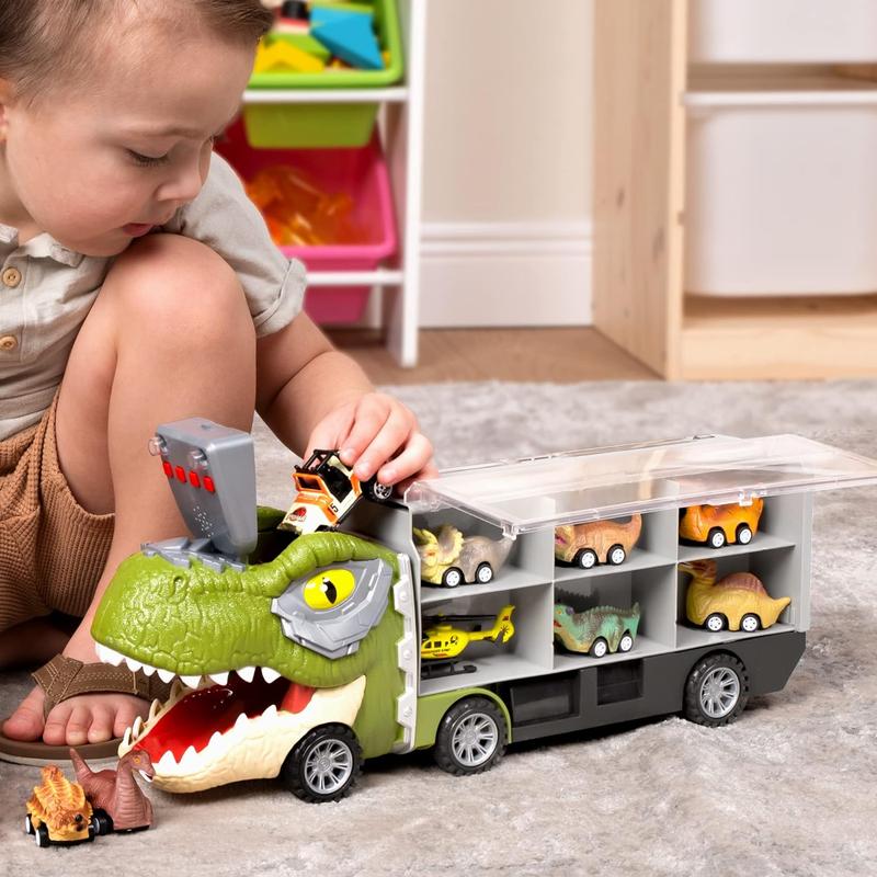 Christmas 2024 Gifts  13Pcs Dinosaur Transport Carrier Truck with Mini Dinosaur Car Set Helicopter