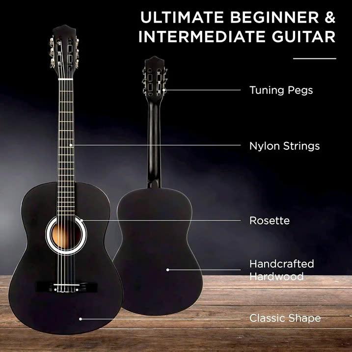 【LIMITED TIME DEAL38in Beginner All Wood Acoustic Guitar Starter Kit w Gig Bag, 6 Celluloid Picks, Nylon Strings, Capo, Cloth, Strap w Pick Holder - Matte Black - SUNSET INSTRUMENTS