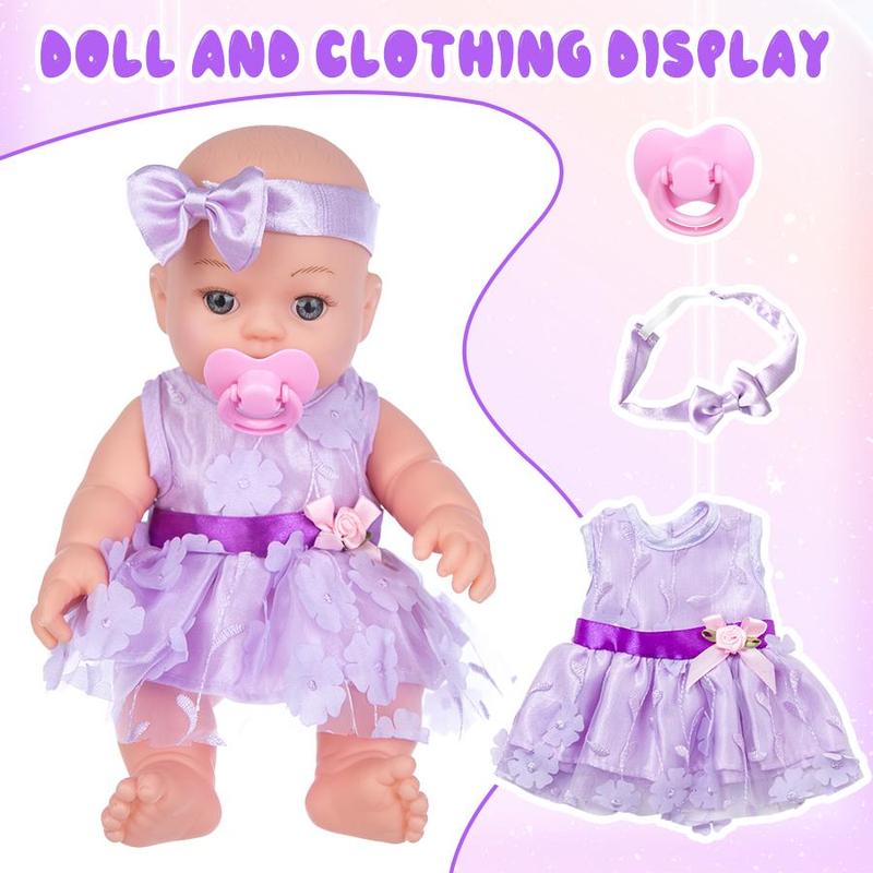 12 Inch Soft Doll with Pacifier & Clothes & Bowknot & Shoes, 1 Set Cute Doll for Girls, Birthday Gift for Kids