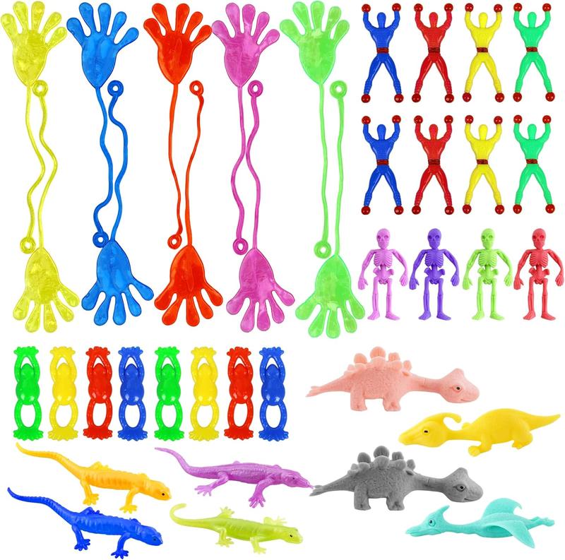 42-Piece Stretchy Sticky Toy Set: Large Hands, Slingshot Animals, Crawlers, Lizards, Skeletons, Flying Frog for Kids Parties