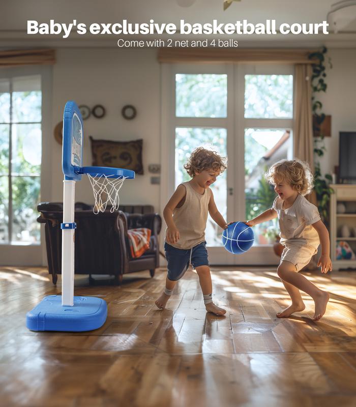 Geyiie Easy Score Basketball Set Blue 4 Balls 2 in 1 Toddler Basketballs Hoop Indoor and Pool Basketball Hoop Poolside Outdoor- Adjustable Height 2.1-3.3ft Sport Toys Gifts for Kids Boys Girls Age 1-3