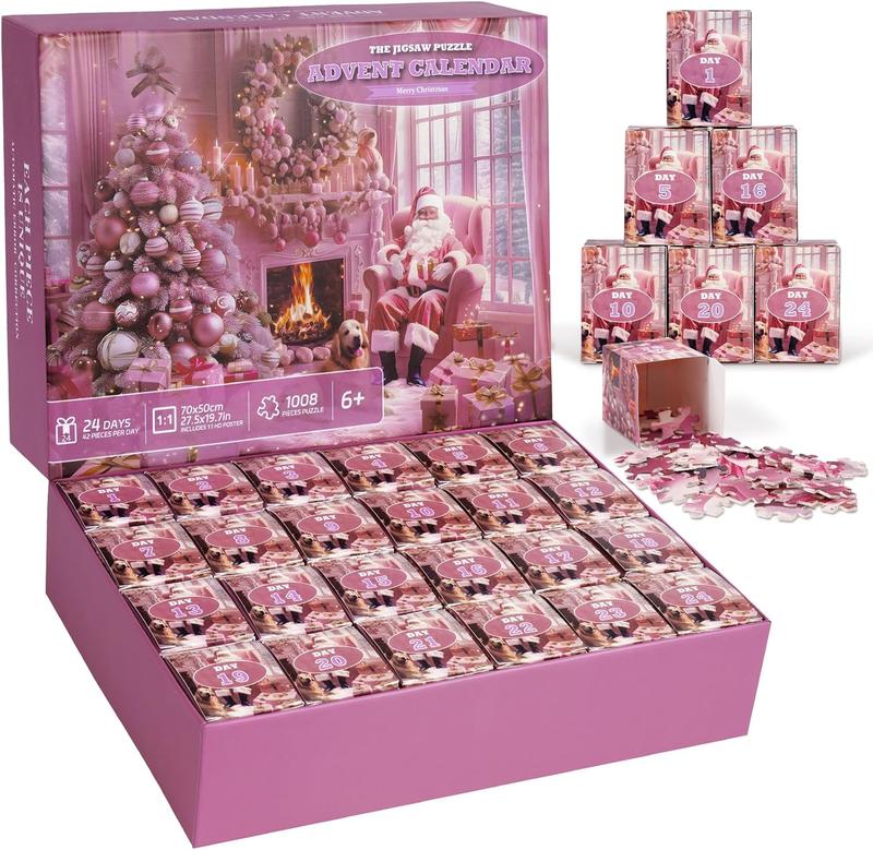 Puzzle Advent Calendar 2024,1008 Pieces Pink Christmas Jigsaw Puzzles,24 Days Puzzle Countdown Calendar Gift for Kids & Adults,Fun Christmas Holiday Gift for Girls,Boys,Teens,Family