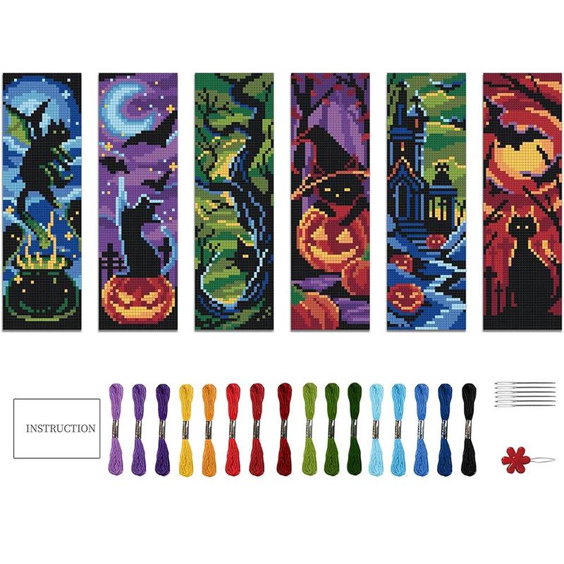 Halloween Themed Cross Stitch Kit, 6 Counts set DIY Cross Stitch Bookmark Including Random Color Tools, Cross Stitch Kit for Beginners, Christmas Gifts, Christmas Decorations