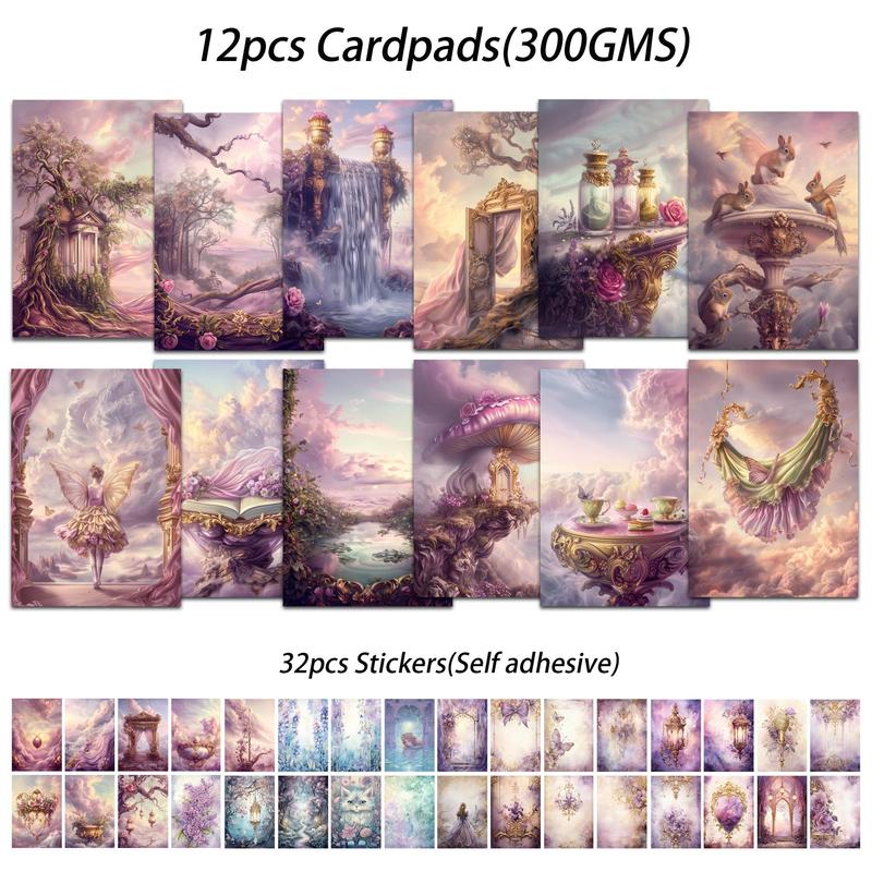 Fantasy Landscape Pattern Decorative Sticker & Greeting Card, 12pcs Retro Card & 32pcs Stickers, DIY Crafts Supplies for Scrapbooking, Journaling, Gift Wrapping