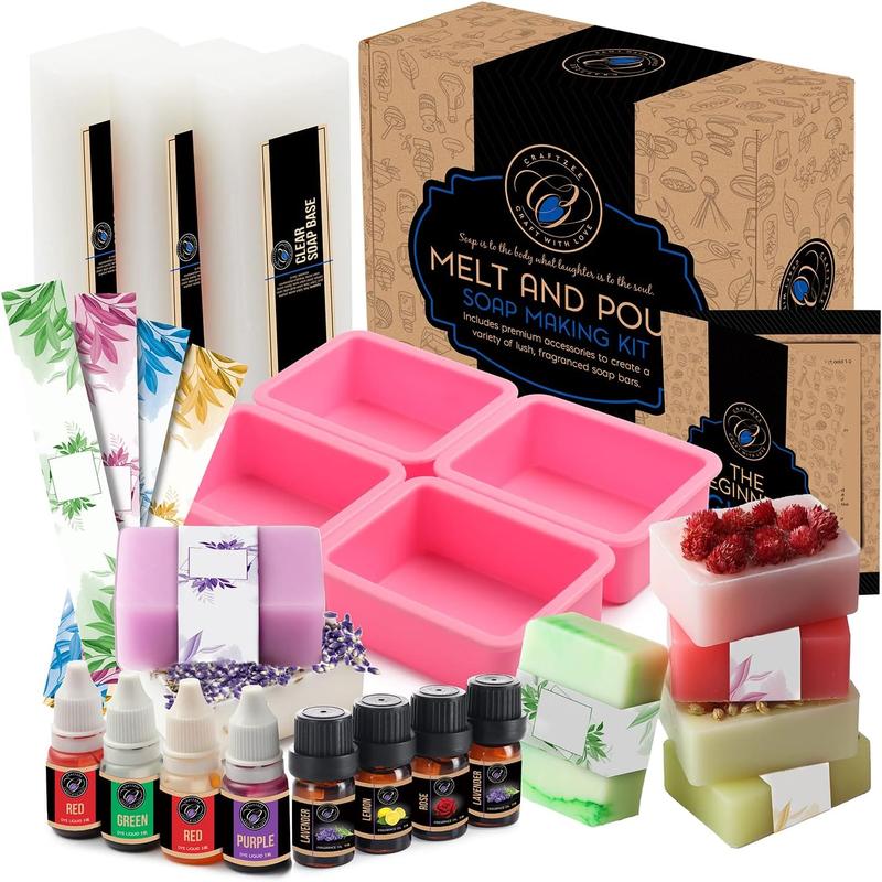 CraftZee Melt and Pour Soap Making Kit with Glycerin Soap Base, Fragrance Oils, Liquid Dyes, Silicone Molds, Wrappers & Instruction Manual