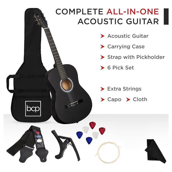 【LIMITED TIME DEAL38in Beginner All Wood Acoustic Guitar Starter Kit w Gig Bag, 6 Celluloid Picks, Nylon Strings, Capo, Cloth, Strap w Pick Holder - Matte Black - SUNSET INSTRUMENTS