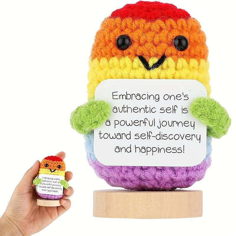 Cute Mini Funny Positive Crochet Ornament, Creative Crochet Doll Ornament with Wooden Base, Home Decor for Living Room Bedroom Office, Gift Ideas