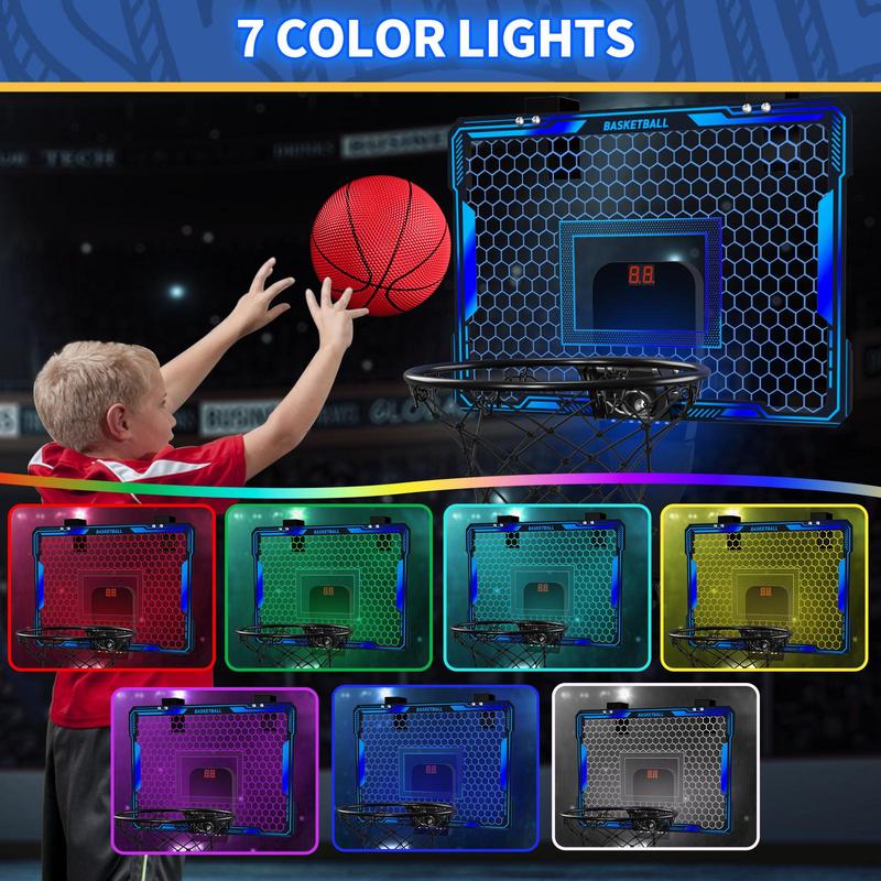 7 Changing LED Lights Basketball Hoop Toy, 1 Set Indoor Outdoor Basketball Hoop Toy with Balls & Accessories, Basketball Toy Gift for Boys & Girls