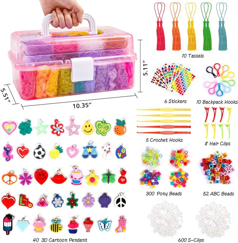 17500+ Rubber Loom Bands with 3 Layer Pink Blue Transparent Purple Container, 28 Colors, 600 S-Clips, 352 Beads, 40 Cartoon Pendant, Bracelet Making Refill Kit