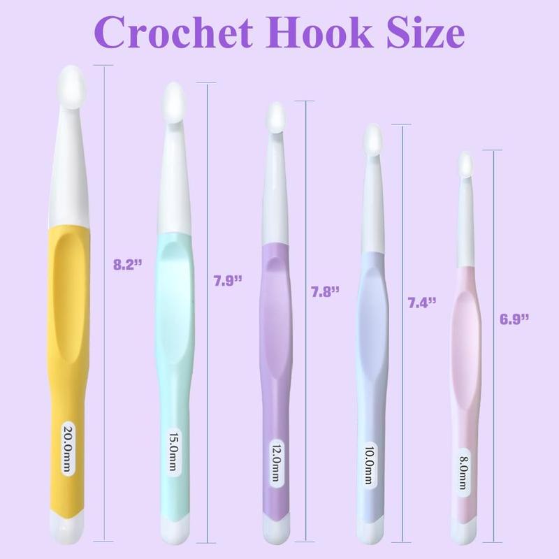 Large Ergonomic Crochet Hooks Set, Big Crochet Hooks for Chunky Yarn Size 8.0mm 10.0mm 12.0mm 15.0mm 20.0mm