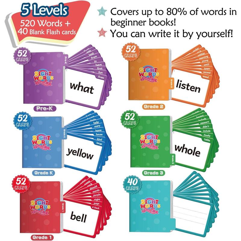 Torlam 520 Sight Words Flash Cards Kindergarten Homeschool Supplies with Card Folders & Rings - Dolch Fry High Frequency Site Word for Pre-k Kindergarten 1st 2nd 3rd Grade