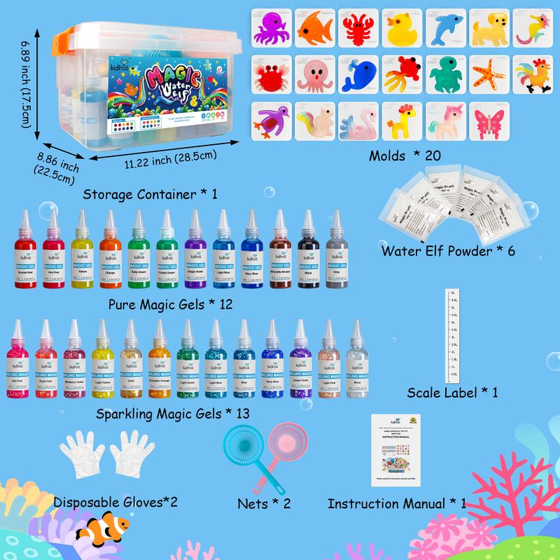 Magic Water Elf Toy Kit, Aqua Fairy Water Gel Set with 25 Magic Gels and 20 Animal Molds – Perfect for Imaginative Play, Christmas Gifts, Birthday Gifts, Party Favors, and Family-Friendly DIY STEM Projects (25 Colors)