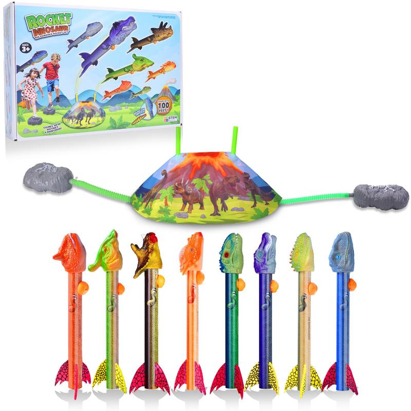 Dinosaur Rocket Launcher for Kids - Launch Up to 100 Ft, 8 Rockets and 2 Pads for Multi-Player, Dinosaur Toys, Birthday Gift Ideas, Toys for 3 4 5 6 7 Year Old Boys, Outdoor Outside Toys